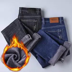Winter Thermal Warm Stretch Jeans Mens Winter Quality  Fleece Pants Men Straight Flocking Trousers Jean Male