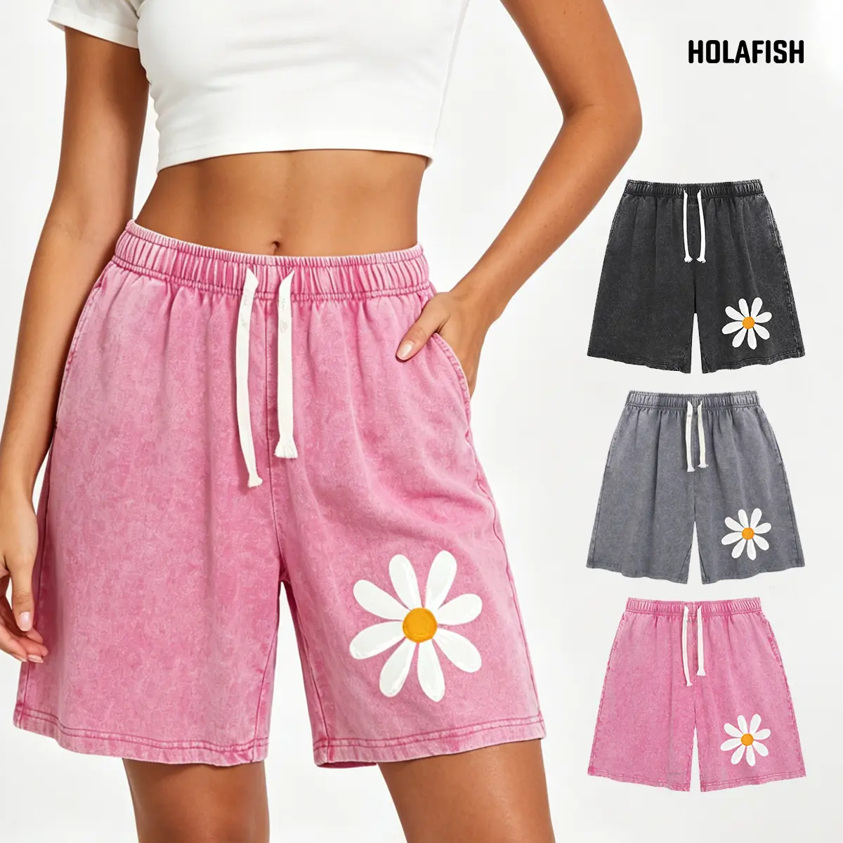 Women's 98% Cotton Acid Wash Knitting Shorts - Retro Look, Flower Print, Unisex Street Fit, Relaxed Pull-On Elastic Waist, Shorts for Women, Cotton Shorts, 2Xl
