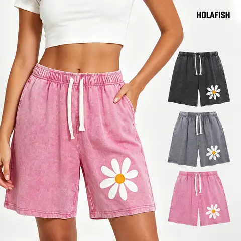 Women's 98% Cotton Acid Wash Knitting Mid-Length Shorts - Vintage Retro Vibe, Durable Flower Ink Print, Flat Glossy Finish, Unisex Street Fit, Relaxed Pull-On Elastic Waist, Plus Size, Breathable, Cool, 2XL, Above the Knee, Active Wear Fabric