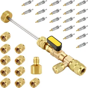 Snapfixmate Ac Valve Core Remover Installer Tool, Dual Size Sae 1/4 & 5/16 Port, 20pcs Valve Cores, 10pcs Brass Nuts, Compatible with R22 R12 R407 R410 R404 R32 R600 A/c