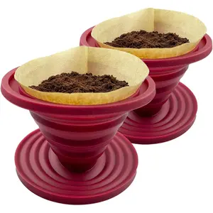 2 Pieces Collapsible Pour Over Coffee Dripper for Camp Coffee, Reusable Silicone Coffee Filter Holder for Camping Red