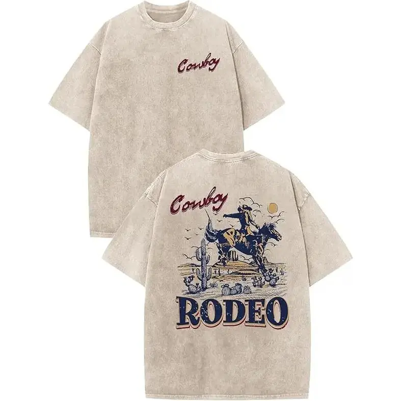 Western Shirts for Men Vintage Rodeo Cowboy Shirt Oversized Graphic Tees Country Concert Acid Wash T-Shirts Tops Vintage Tee Loose Fit Short Sleeve Casual Streetwear Baggy Washed Unisex Tops High-quality trendy printed casual short-sleeved shirt