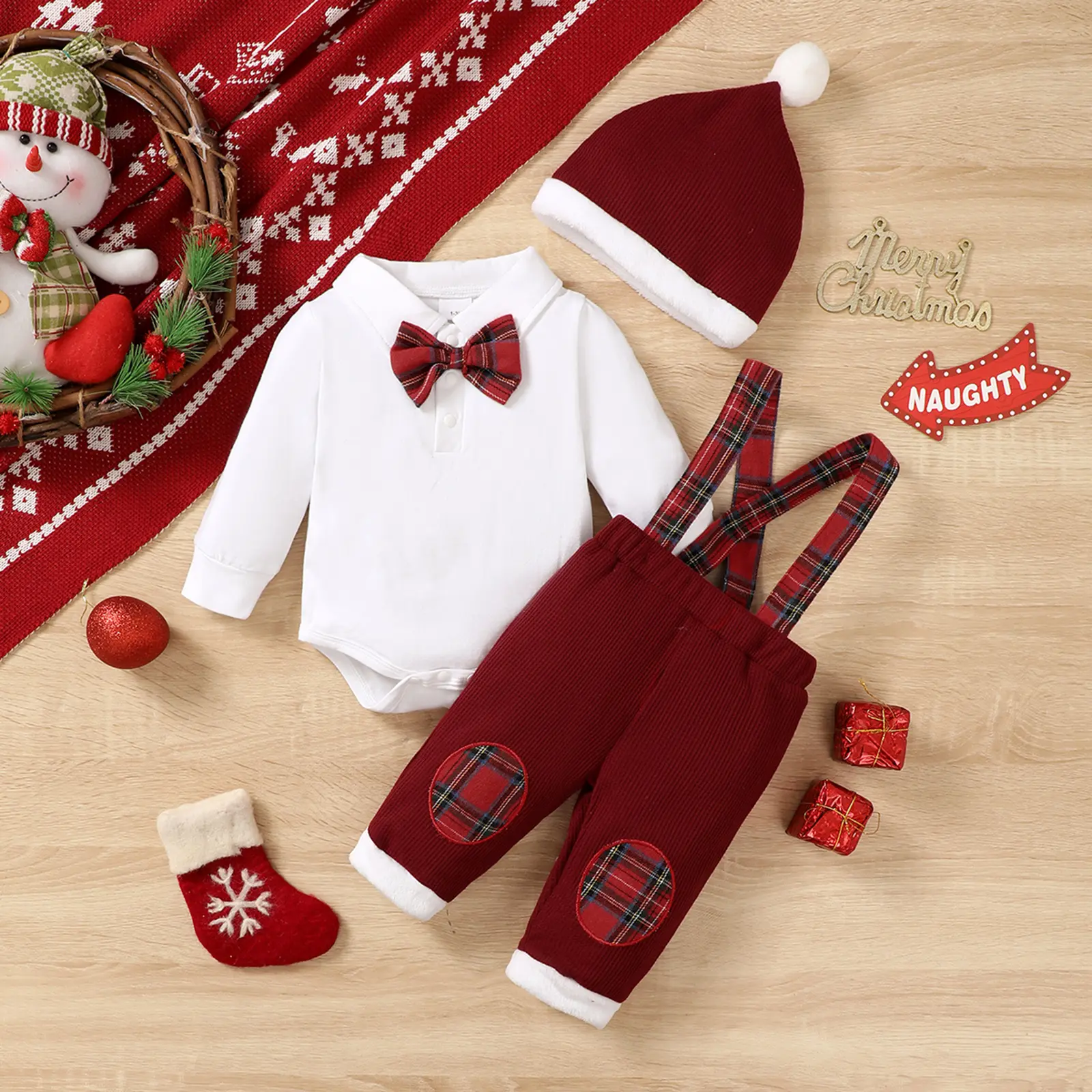 Cute Cozy Newborn Baby Boys 3-Pcs Christmas Baby Clothing Gift Set, Long Sleeve Lapel Collar Romper + Pants + Hat, Breathable Fall Winter Infant Outfits for 0-18 Months