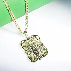 14K Gold Laminated Virgin Pendant with 3mm Cuban Chain 16 18 22 Inch Religious Design for Daily Wear or Gift