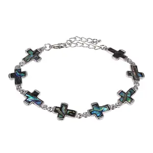 Cross Abalone Shell Bracelet:  Colored Crosses Abalone-Shell Stainless Steel Bracelets Chain Christian Jewelry for Men and Women