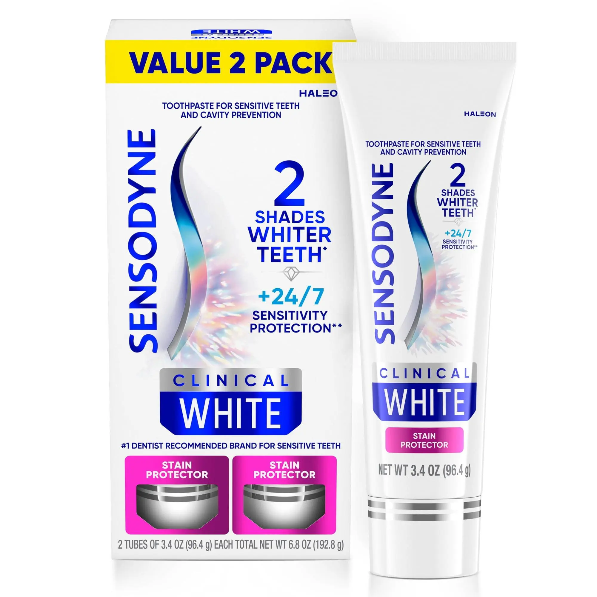 Sensodyne Clinical White Toothpaste Clinically Proven Whitening for Sensitive Teeth, Stain Protector, 3.4 Oz x 3