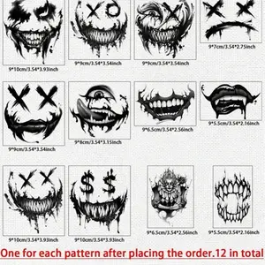 12 Sheets/Set Fashionable Black Stylish Evil Cartoon Joker Smile Vampire Cosplay Sexy & Cute Anime Premium Dark Series Tattoo Sticker, Waterproof, Long-Lasting, Realistic, Can Be Attached To Arms And Legs, Lasting For 1-5 Days, Personality Men's And Women