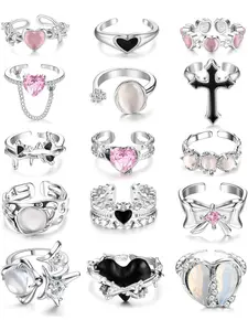 15 Pcs Y2k Rings For Women Irregular Adjustable Open Ring Vintage Punk Grunge Gothic Goth Moonstone Star Thorn Heart Cross Bud Bow Ring Set