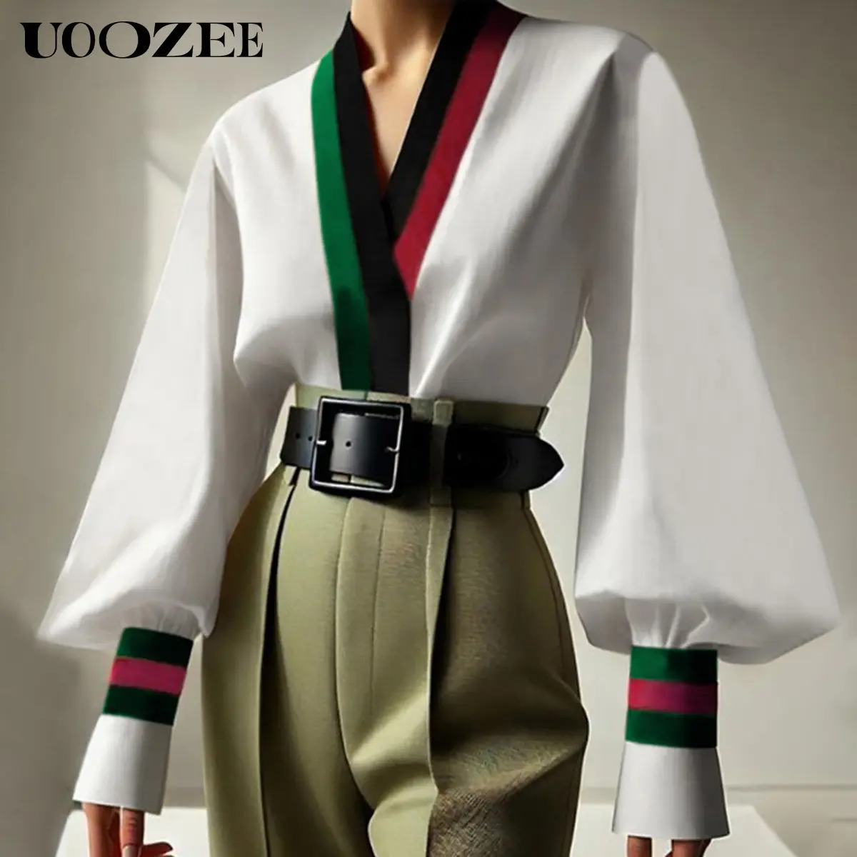 Women's Colorblock Blouse, Loose Fit Pleated V-Neck Top with Puff Sleeves, Casual Polyester Shirt for Easy Daily Wear, Women's Clothes, Comfy Casual, Loose Easy Fit, Machine Wash, Dress Casual