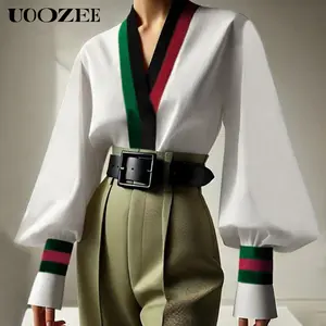 Women's V-Neck Pleated Long-Sleeve Loose Fit Casual Polyester Blouse - Lady's Shirts, Casual Longsleeves Blouses, Women's Clothes for Daily Wear,summervibes