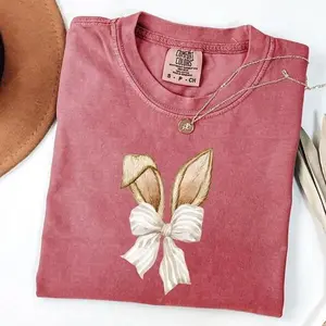 Comfort Colors Coquette Bow Bunny Ears T-Shirt, Cute Bunny Shirt, Rabbit Tee, Happy Easter Day Gift, Coquette Easter, Cute Easter Shirt