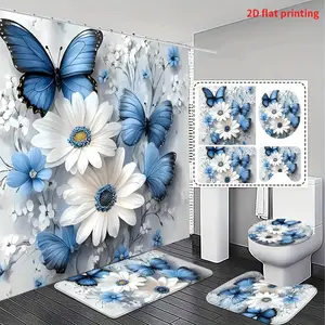 2D FLAT Printing, 1/4pcs, Fashionable and Simple Blue Butterfly and White Flower Bathroom Set - Shower Curtain, Bath Mat, Toilet Lid Cover, and Bath Rug Exquisite and Practical Home Decoration Gift., 2D Flat