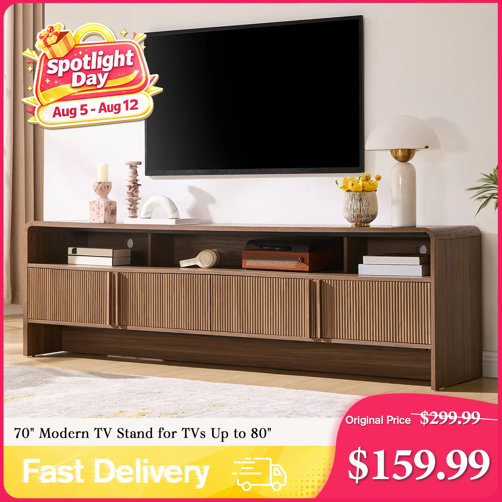 AMERLIFE 70" Modern TV Stand for TVs Up to 80", Wood TV Console with Curved Profile Design & 2 Storage Cabinets, Media Console Entertainment Center for Living Room, Bedroom/Best Gift Ideas/Christmas Gifts[tiktokshopbacktoschool][SohoChic]