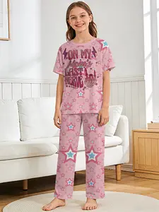 Star Mom's Little Naughty 2-piece set: girls' digital printed short-sleeve pajamas with long sleep pants, made of flame-retardant fabric, Nightwear, Loungewear, suitable for sleeping and home leisure, 100% polyester