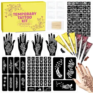 126 PCS Temporary Tattoos Stencils Kit,Temporary Tattoos Kit - 6 Pcs 2 Color(Brown Black) Ink with Gloves,DIY Art Painting for Women Men Adults Kids