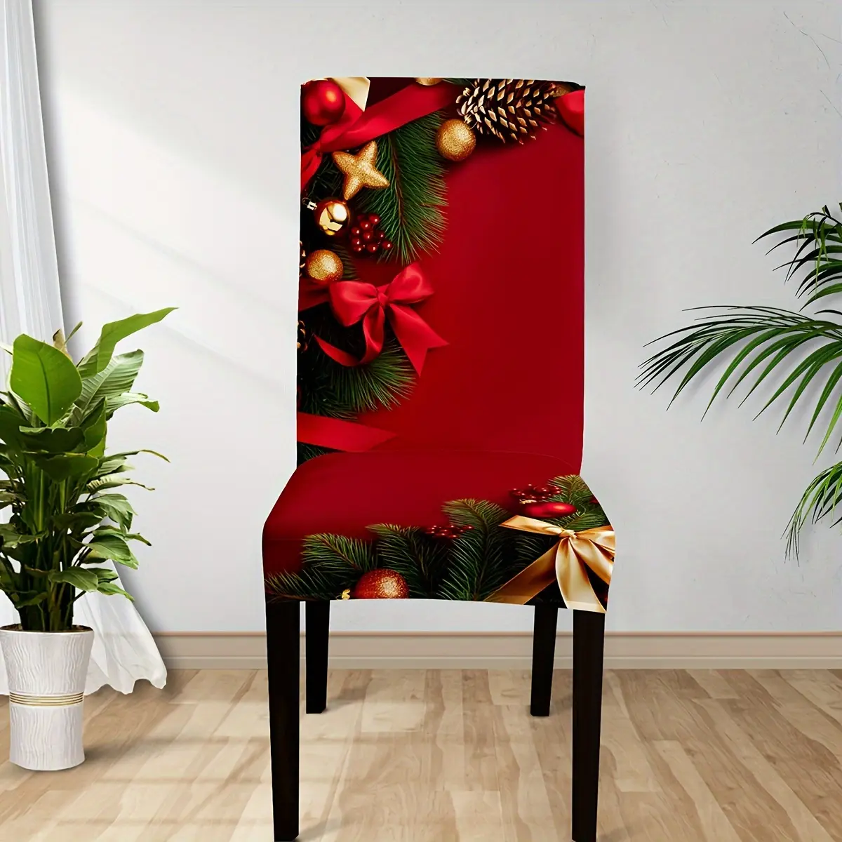 Christmas Dining Chair Slipcovers Set of 4, Elegant Red Printed Pine Cone Bow Xmas Ornament Stretch Parsons Chair Covers, Machine Washable Holiday Home Party Decor