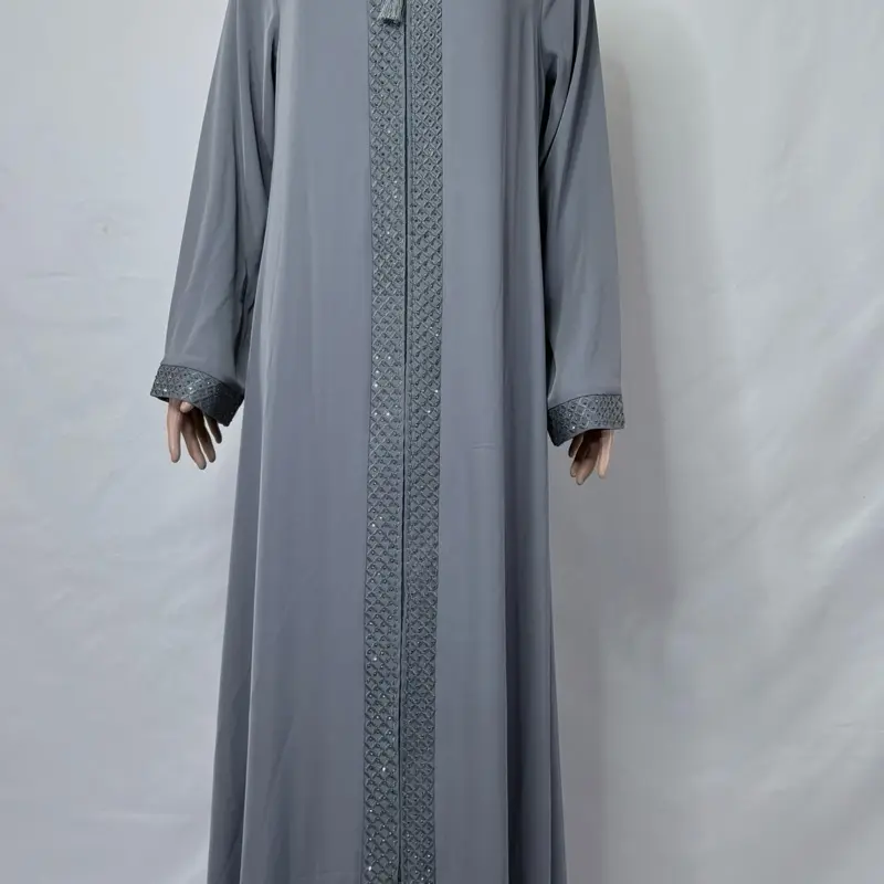 Grey Embroidered Zippered Rhinestoned Abaya Maxi Dress with Detailed Embellishments