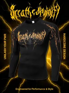 Men's Round Neck Slim Fit Long Sleeve Compression Top, Geometric Muscle Line Design, Ideal for Gym Training, Running, Daily Wear