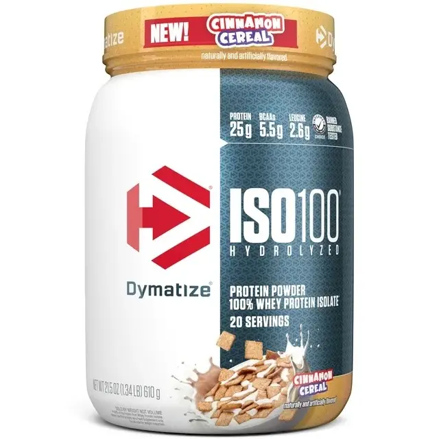 Dymatize ISO100 Whey Protein Powder Isolate, Cinnamon Cereal , 25g of Protein, 5.5g BCAAs, Less Than 120 Cal., Gluten Free, 1g Fat, 1g Sugar, 2g Carb (20 Servings), Fitness, Supplement