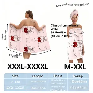 Women's Bath Towel Set, Cherry Flower Design Pink Head Towel + Matching Bath Towel with Skirt & Back Panel (Suitable for XXL-XXXXL), Perfect for Spa, Post-Shower, Valentine's Day Gift