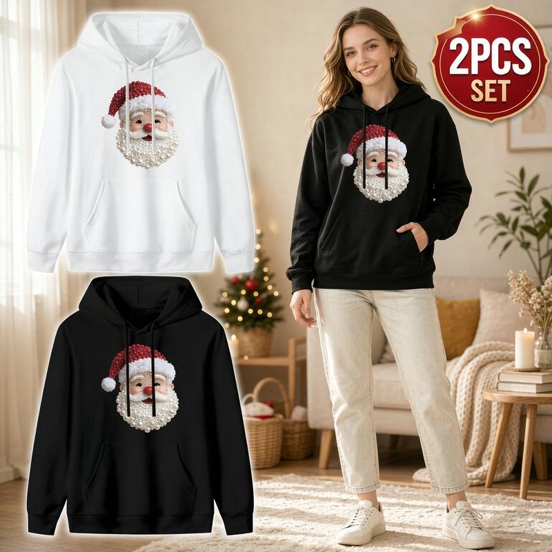 Women's 2-Pack Christmas Santa Hoodies with Pockets - Pearl Beaded Santa Face Graphic Pullover Tops for Ladies, Casual Fitted Comfortable Soft Winter Holiday Outfits, Ugly Sweater Alternative Loungewear Gifts
