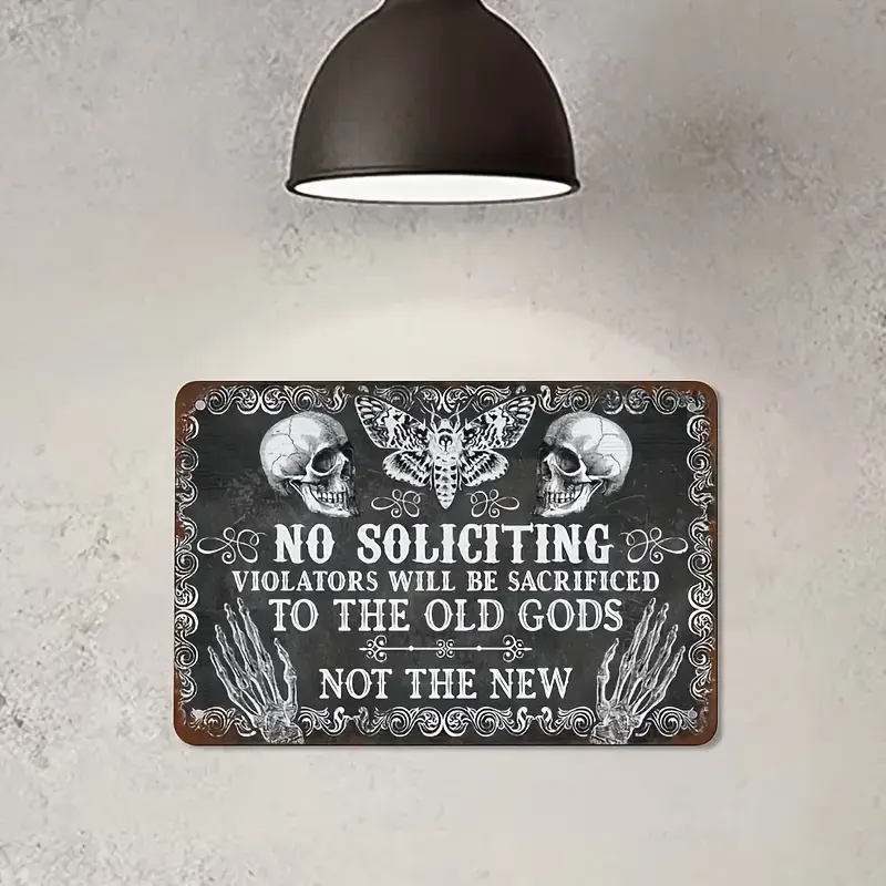 Vintage 8x12 Inch Metal Sign - Decorative Tin Wall Art with Witch and Skull Design - No Soliciting Old Gods Theme - Pre-drilled for Easy Mounting - Multipurpose Hanging Plaque for Home Entrance, Party, Halloween, Christmas, Easter