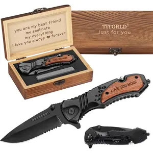 Gifts for Men Him Husband, Anniversary Birthday Gifts ideas for Him, Engraved Pocket Knife, Wooden Handle Folding Knife with Wood Box, Unique Outdoor Camping Hunting Fishing Tool
