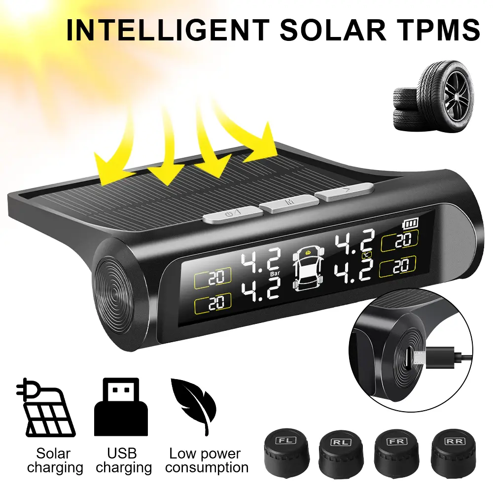1 Set Car Tire Pressure Monitoring System (TPMS) - Solar-Powered Digital LCD Display, External Sensors, Multi-Alarm (Leakage, High Temperature, Low Battery), ABS + Metal Components, Built-In Vibration Sensor, Automotive Accessory, Father's Day Gift