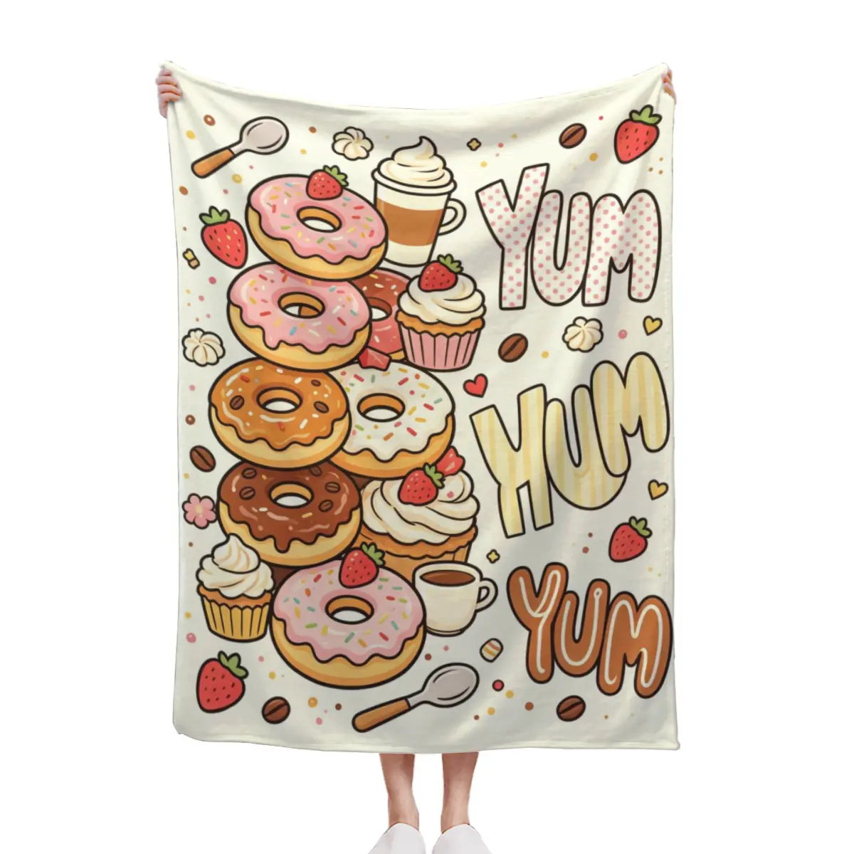 Donut Cupcake Sweet Dessert Yum Letter Throw Blanket, Sweet Treat Food Cartoon Fleece Blanket