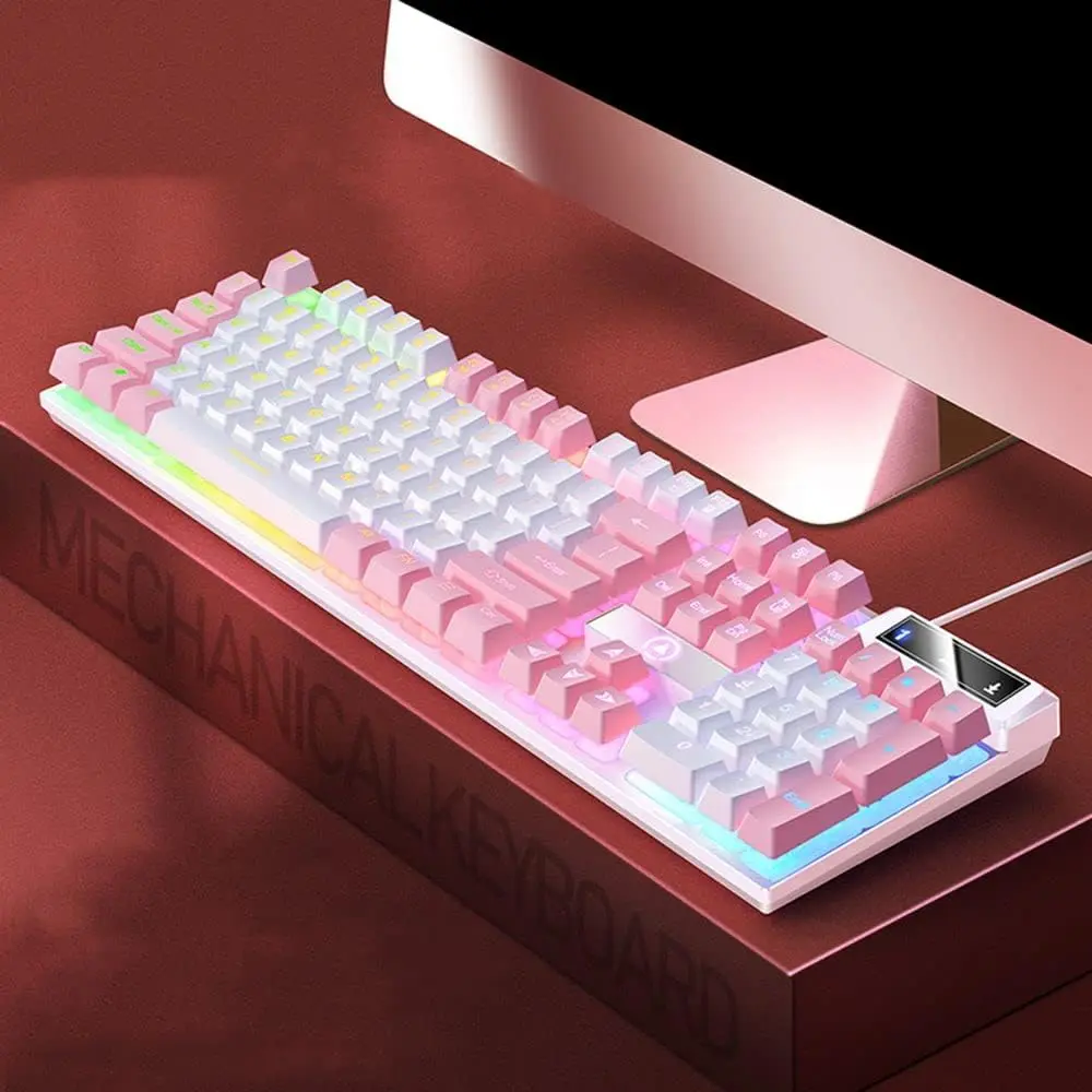 104-Key RGB Backlit Ergonomic Mechanical Gaming Keyboard - Wired USB PC Accessory, ABS Plastic, Mixed White & Pink RGB Lights, Foldable & Durable, Ideal for Gamers, With Lights