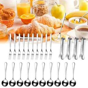 24pcs set Mini Cute Tea Party utensils, 4.3 inch, 4 Service Clips + 10pcs Circular spoons + 10 appetizer forks, Suitable for Snacks, Salads, Appetizers, Candies, Cheese, Iced Teas, Buffet, BBQs, Weddings - Dishwasher Safe, Multifunctional Kitchen Utensils