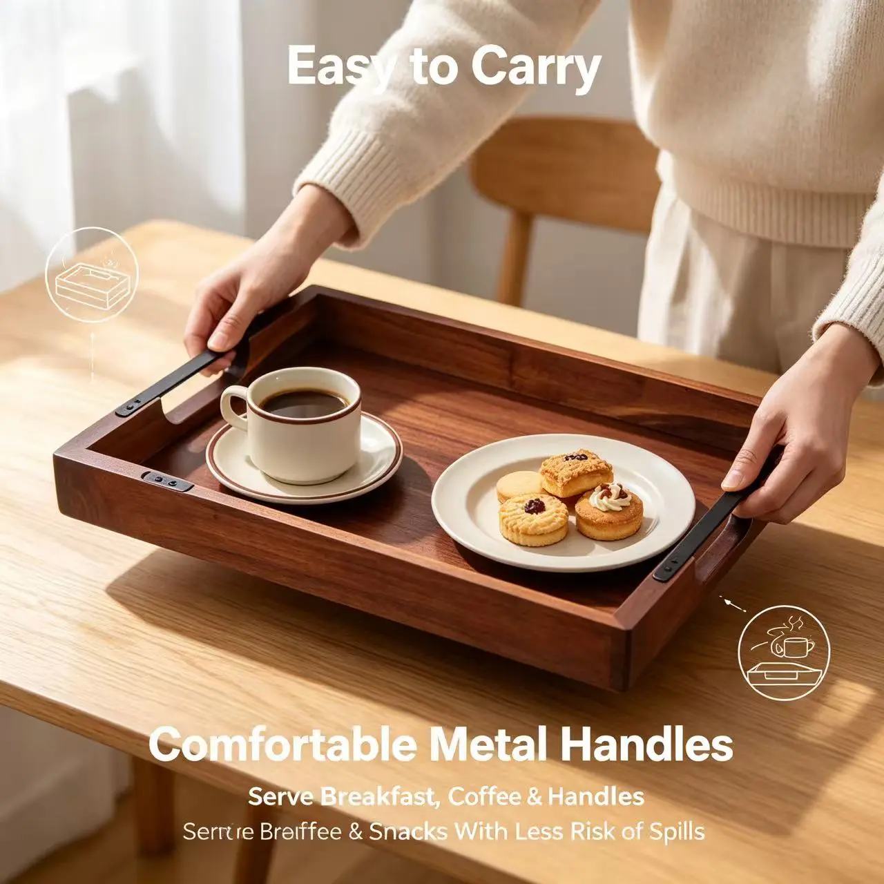 Sturdy Walnut Wooden Serving Tray with Metal Handles - Rectangular Raised-Edge Kitchenware for Coffee Table, Breakfast & Home Decor