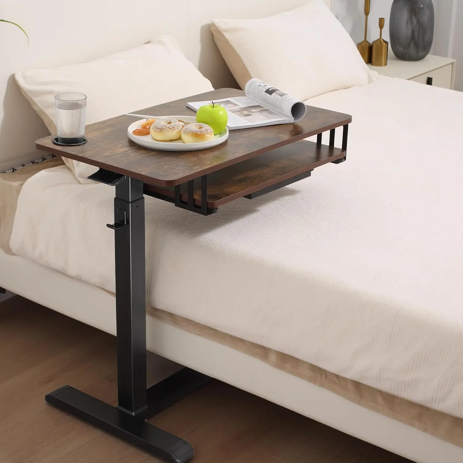 ETHU Overbed Table with Wheels, Upgrade Medical Table with Drawer, Hospital Bed Table, Workstation Table, Adjustable Overbed Bedside Rolling Laptop Table(Walnut)