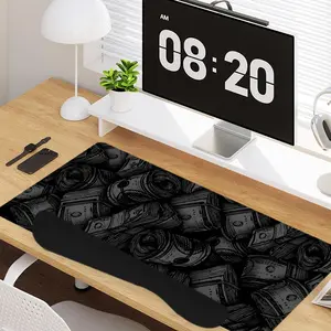 4 - in - 1 Money (US Dollar Bills, Rolled Cash) Elements Large Gaming Mouse Pad + Keyboard Wrist Rest + Mouse Pad with Wrist Support + Coaster Set with Ergonomic Design for Home Office Table Computer, Rubber Base Mousepad with Stitched Edges, Easy Typing