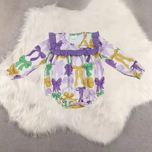 New Clothes Baby Girls Mardi Gras Romper with Purple Yellow Green Bows Festive Casual Outfit for Infants