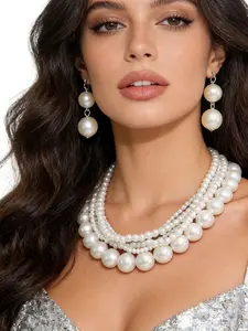 Vintage French Multi-Layer Pearl Necklace Set, Bridal Wedding Evening Jewelry, Luxe Pearls Choker, Elegant Clavicle Chain Set, Wedding Set Earrings