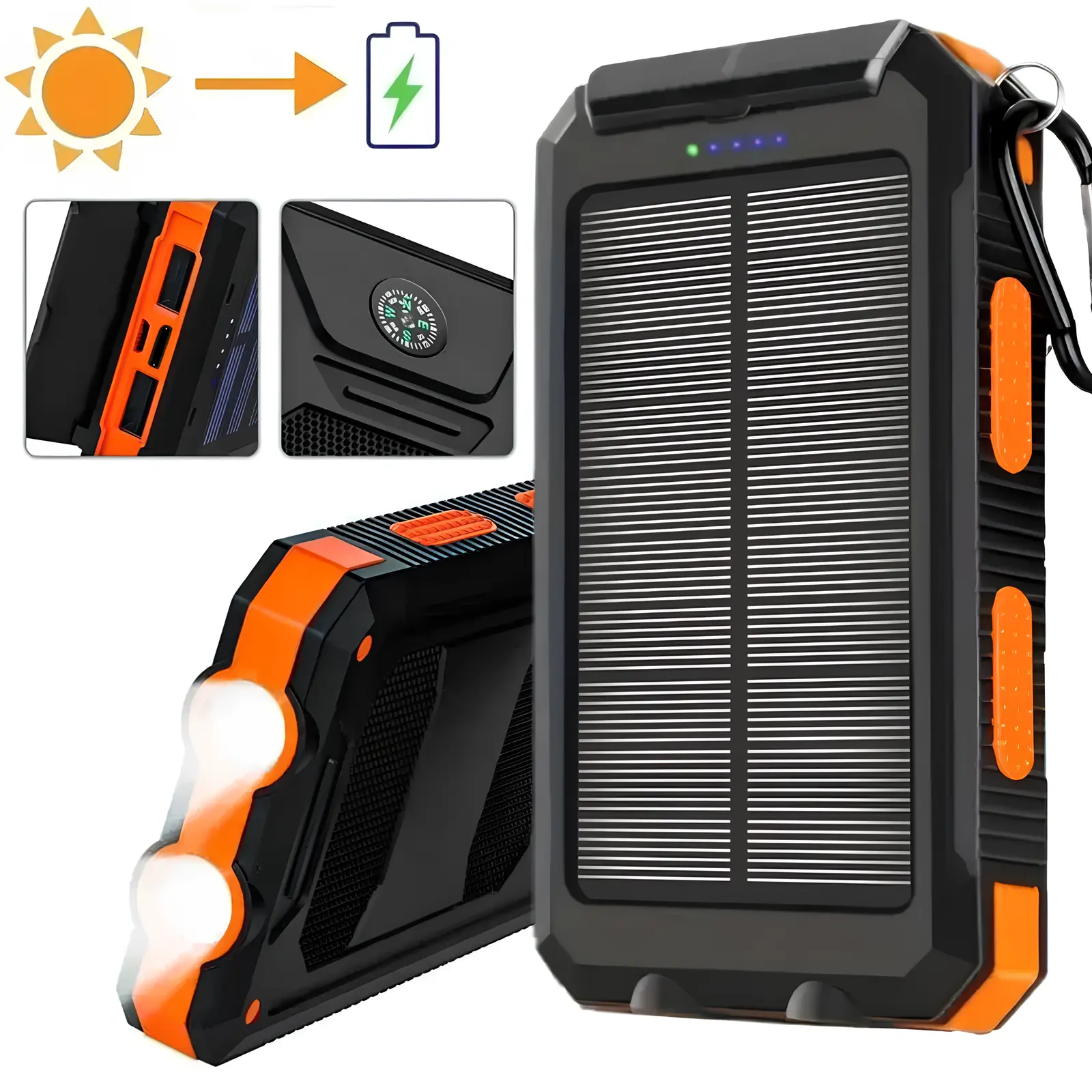 Outdoor Emergency Power Supply 10000mAh Solar Portable Charger | Dual USB-A Output + LED Flashlight, IP Waterproof