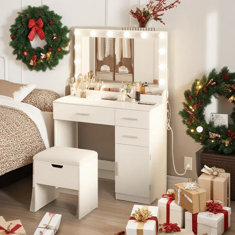 Lifewit Makeup Vanity Makeup Desk with Large Lighted Mirror, Adjustable Lighting, USB Ports, Storage Stool, 3 Drawers, Cabinet & Open Storage - Beauty Organization Gift for Mothers