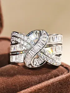 Women's Elegant Artificial Zircon Cluster Ring, Copper Chain Design, Perfect for Weddings, Engagements, Anniversaries, Party Accessories Gift
