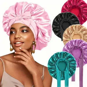 Women's Adjustable Satin Sleep Bonnet - Single Item with Long Tie Band, Soft Faux Silk/Silk-Like Solid Color Hair Wrap, Wide Edge Anti-Frizz Night Turban for Curly Hair, Curl Enhancement Elastic Beauty Salon Headwear
