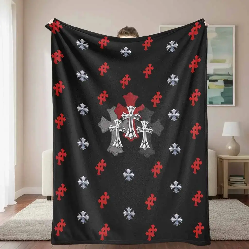 Gothic Medieval Cross Red/Gray Cross Pattern Print Flannel Throw Blanket, breathable, soft, warm, lightweight, fade-resistant plush bedding, for bedroom sofa, holiday home decor & festival gift
