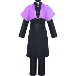 Shinazugawa Genya Black Purple Demon Slayer Uniform Cosplay Costume Set with Belt for Comic Con