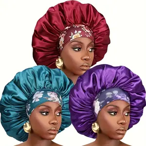 3-piece Women's Satin Sleep Hats, Hair Care Cap, Hair Bonnets, Breathable High-Density Hair Net with Floral, Solid Color Pattern Designs, Soft Elastic Edges, Suitable for Chemotherapy, Nighttime Care, and All Seasons, Sleep Head Cover