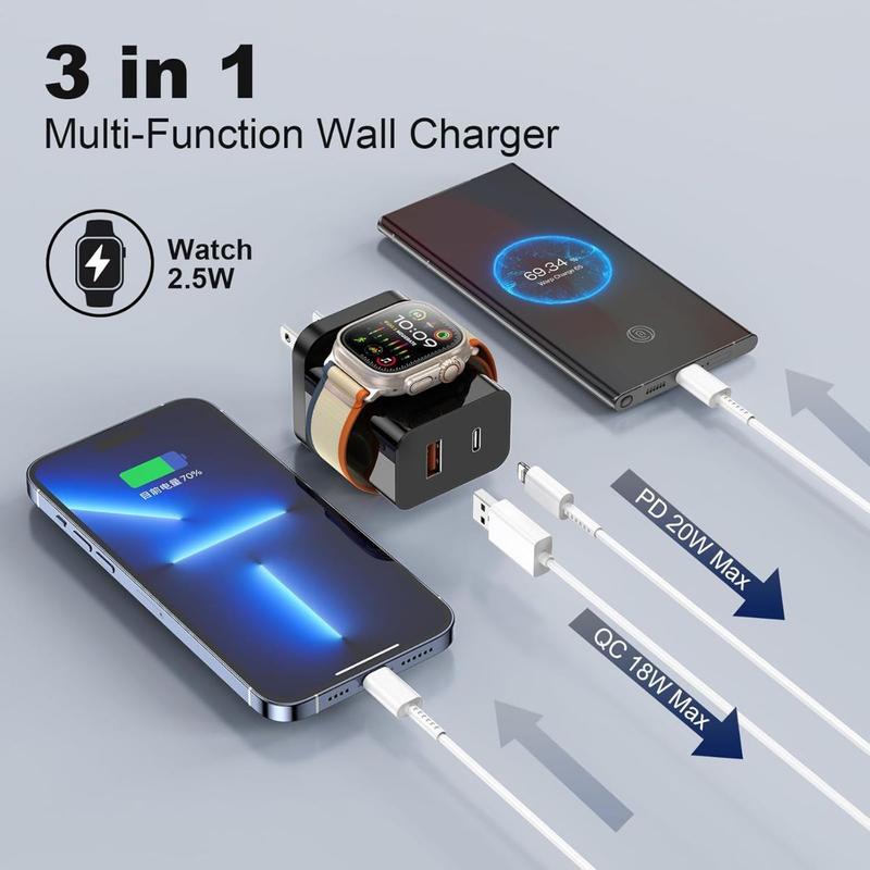 Watch Charger,20W 3-in-1 Fast Charging Block with Magnetic Wireless Charging and Dual Ports, Portable USB C PD Travel Plug Compatible with Phone,  Watch Series (Black)