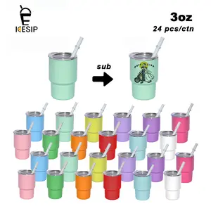 ICESIP 24pcs/48pcs 3oz sublimation stainless steel mini cups with plastic lid and straw, mixed color for Party, wedding and birthday gift