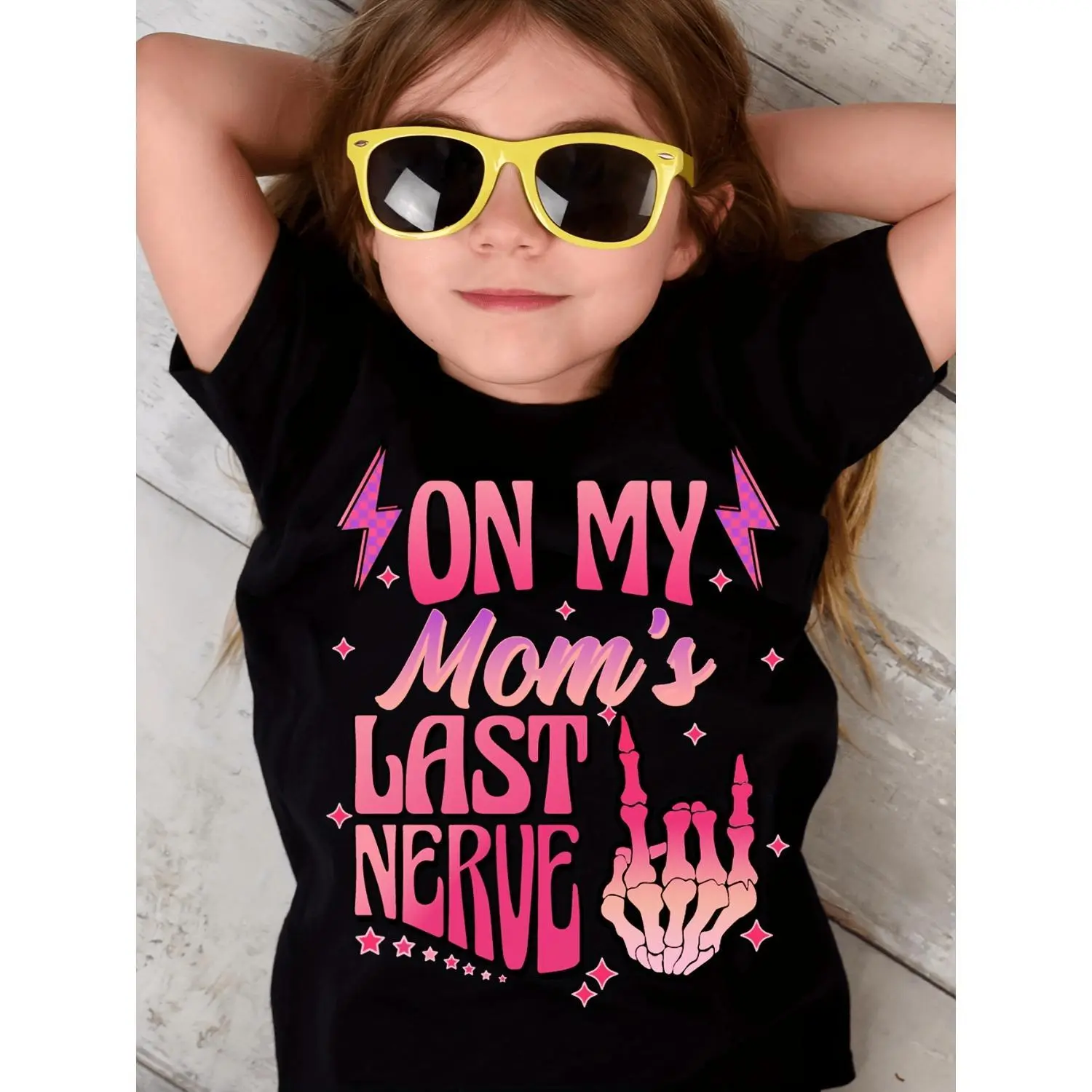 [Girls' Skull T-Shirt] TX31172 Girl ZON MY *Mom's LAST NERVE Pink Skull Palm Cute Casual Versatile Round Neck Black T-Shirt
