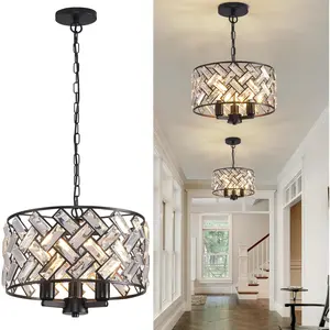 Black Crystal Pendant Light, 3-Light Modern Chandelier, 11'' Round Kitchen Pendant Lighting, Adjustable Drum Chandelier for Dining Room Foyer Hallway