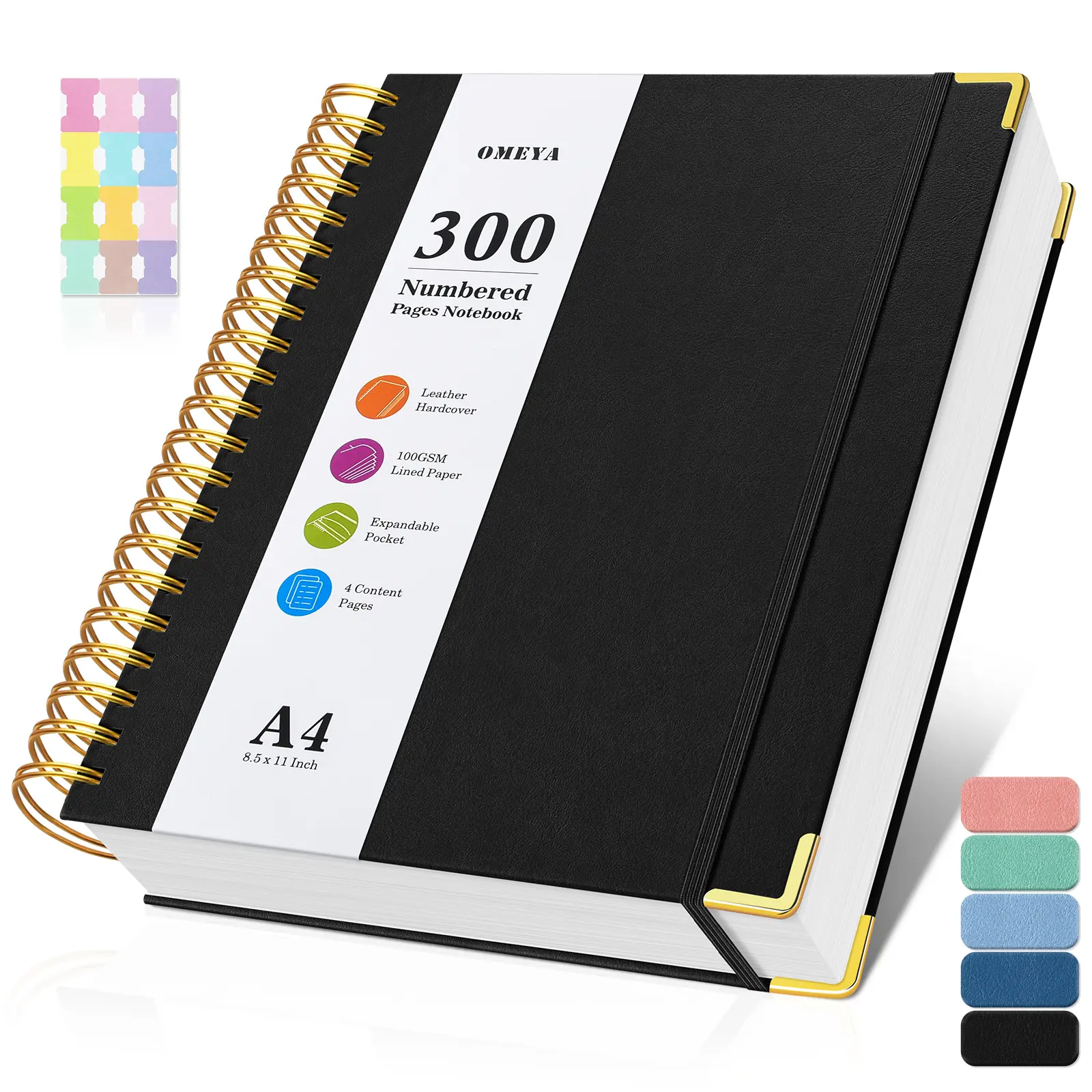 OMEYA Spiral Notebook A4 A5 with Tabs 300 Numbered Pages, 100GSM No-Bleed Thick Lined Paper, Premium Leather Hardcover Journal with Content Pages, Heavy Duty Twin-Wire Lay Flat Subject Notebooks for Work, School, College, Office, Study