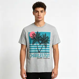 Charleston South Carolina Vintage Palm Tree Graphic 100% Cotton T-Shirt Men White Short Sleeve Tee SC Coastal Beach Vacation Casual Unisex Top