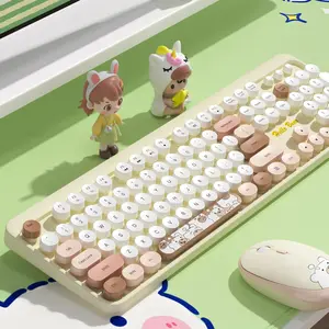 Mofii Milk Tea Full-Size Keyboard & Mouse Combo - Wireless 2.4G Connection, Cute Bear Pattern, Silent for Office Use, US QWERTY Layout (Battery Not Included) Silent Keycap Keyboard